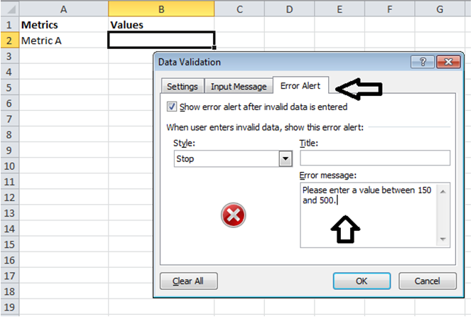Error Message to display when user enters value outside range in excel