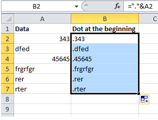 table showing point value inserted before a value in excel