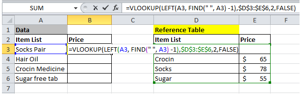 formula to vlookup first word