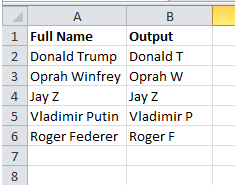 table showing first name and first character of last name