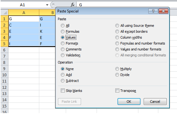 paste special values excel range filled with random characters