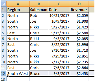 entering new data to existing data table in excel