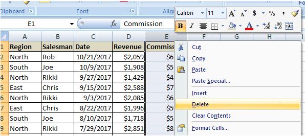 table showing how to delete column from a tabular data in excel
