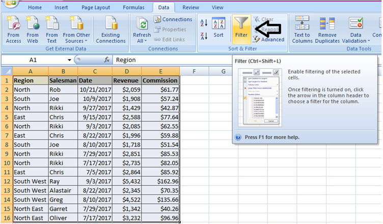 table showing how to apply filter in excel