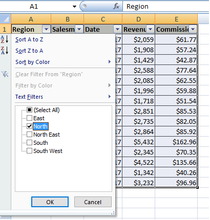 table showing how to select value to filter data