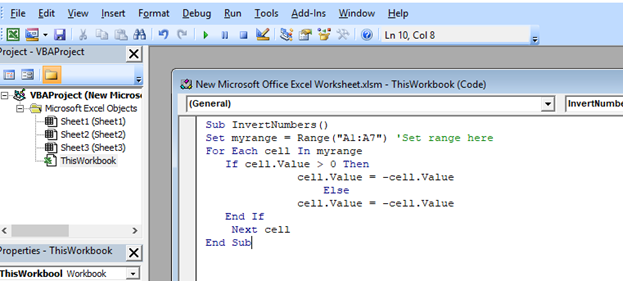 code to change the sign of numbers in excel