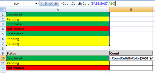 enter the function in cell to count cell values based on background color