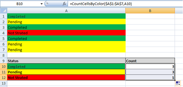dragging excel formula to get all the background color count