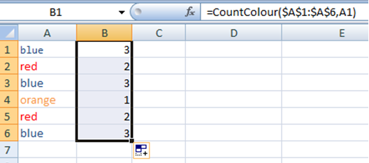 dragging excel formula to get all the font color count