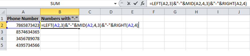 excel formula to insert hyphen within a phone number