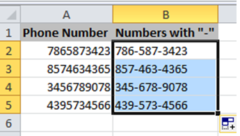table showing the result after inserting hyphens in phone numbers