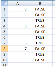 excel formula has returned true for all the cells that have value below them