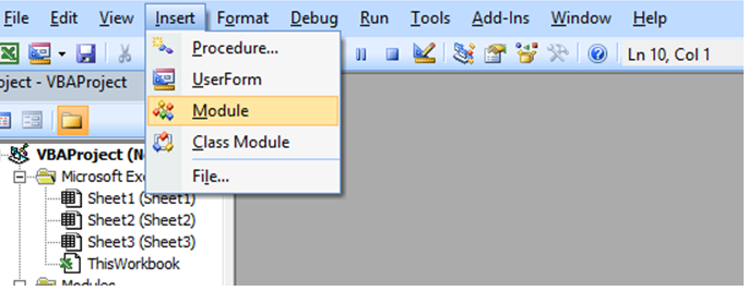 Insert a module in the VB editor