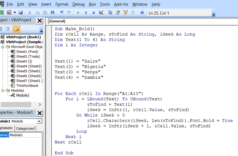 VBA code to specify a list of values that we want to convert to bold