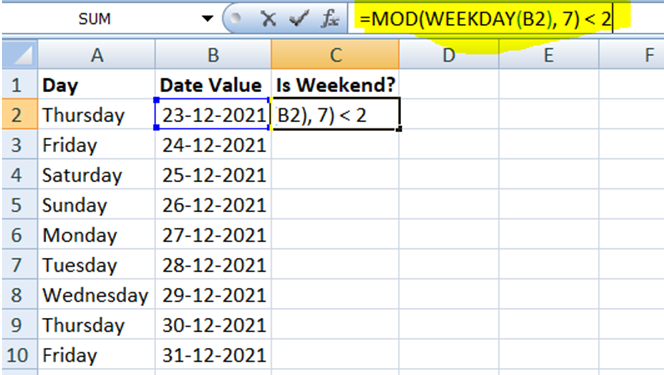Excel formula to check if a date belongs to weekend